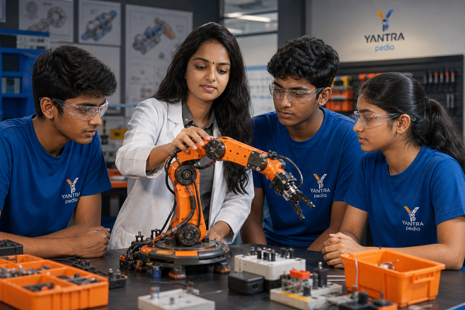 Students building a robot